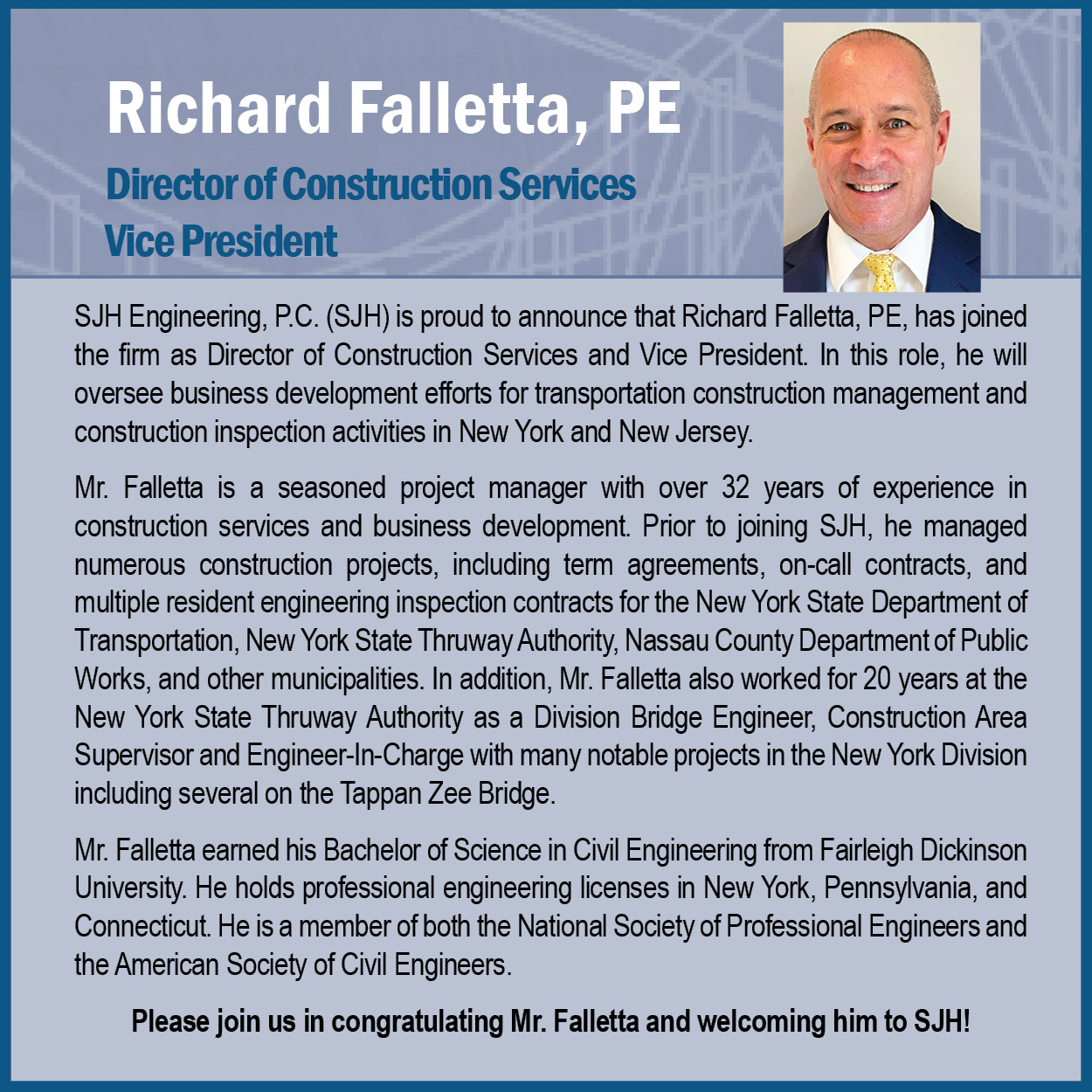 SJH Welcomes Richard Falletta, PE as Vice President-Director of Construction Services